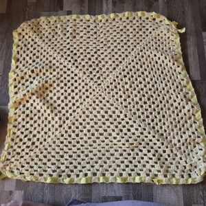 Vintage Yellow Crochet Baby Blanket Ribbon Trim Coquette Nursery Afghan Neutral